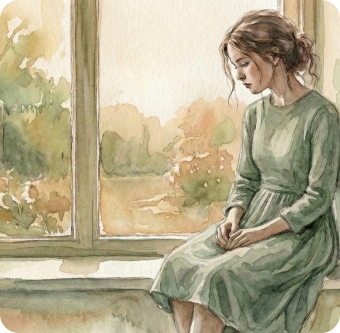 Watercolor illustration of a young woman sitting by a window, looking outside thoughtfully